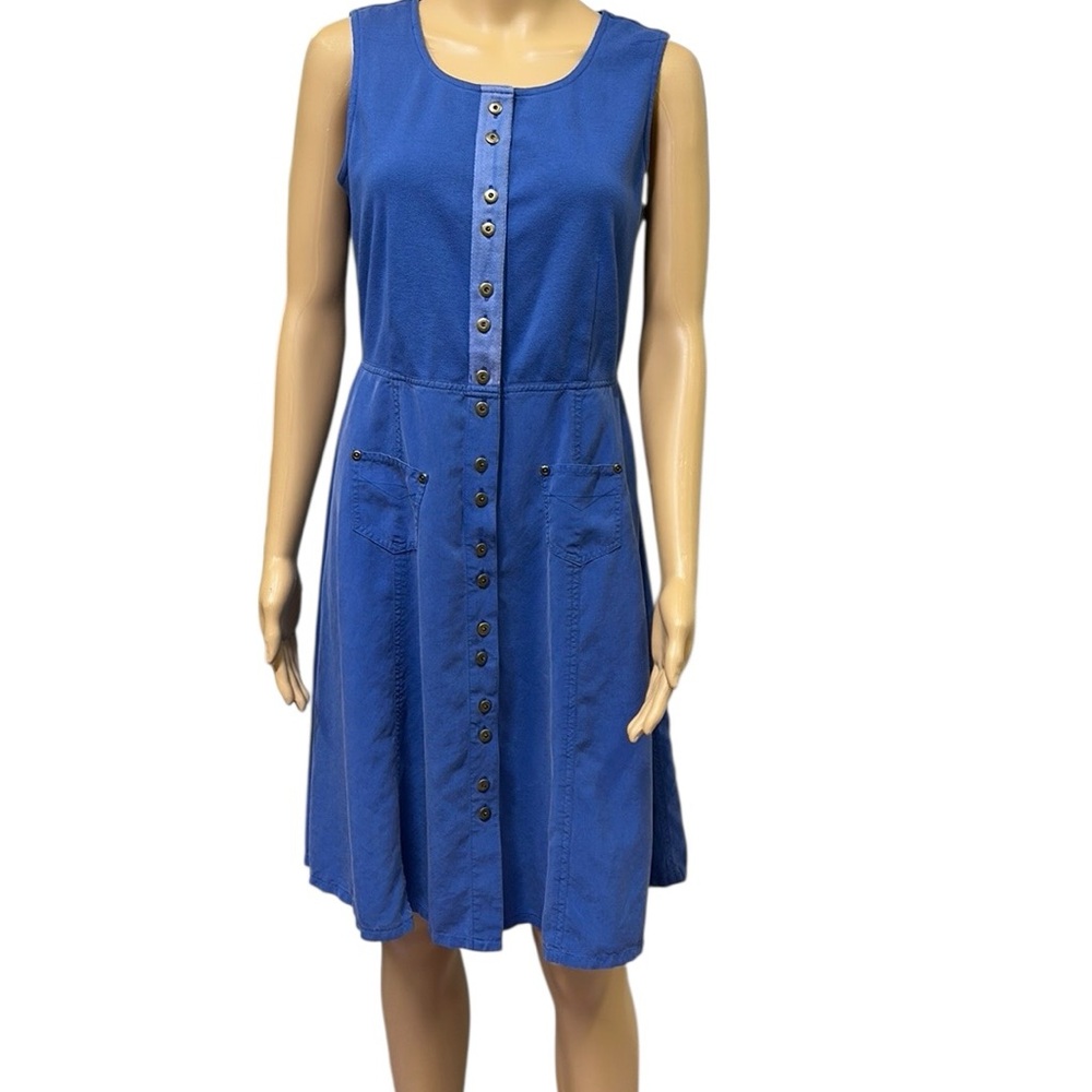 Vintage August Silk and Cotton Blue Button Front Sleeveless Midi Dress Womens 12